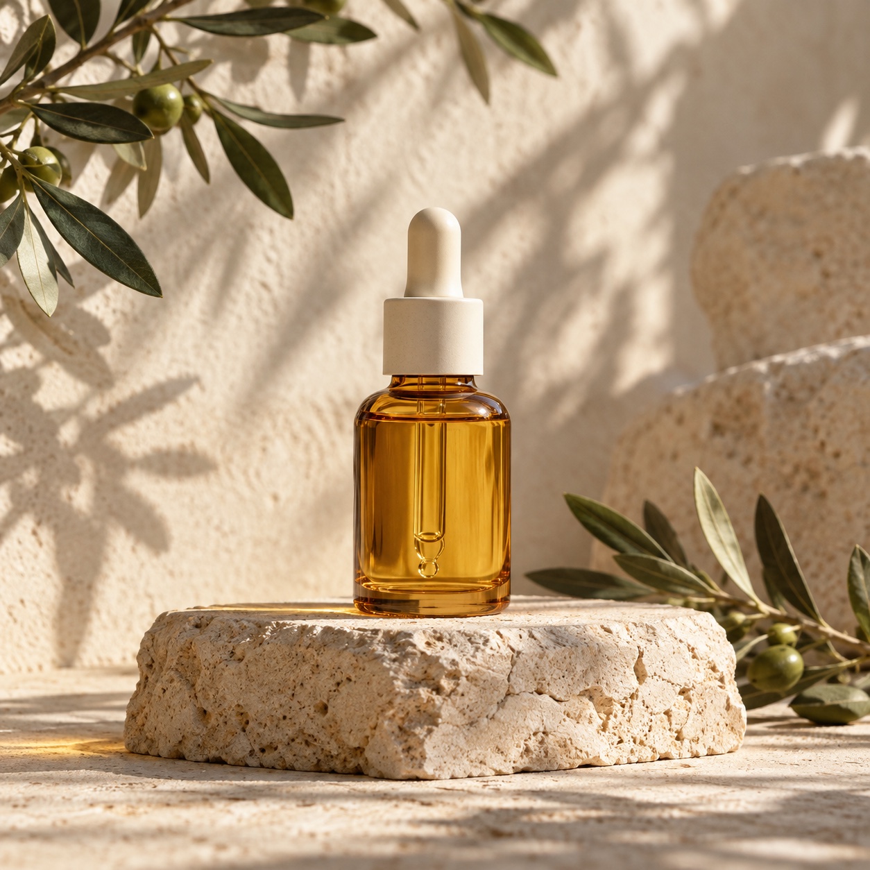 Golden Hour amber face oil bottle on limestone in warm leaf shadows
