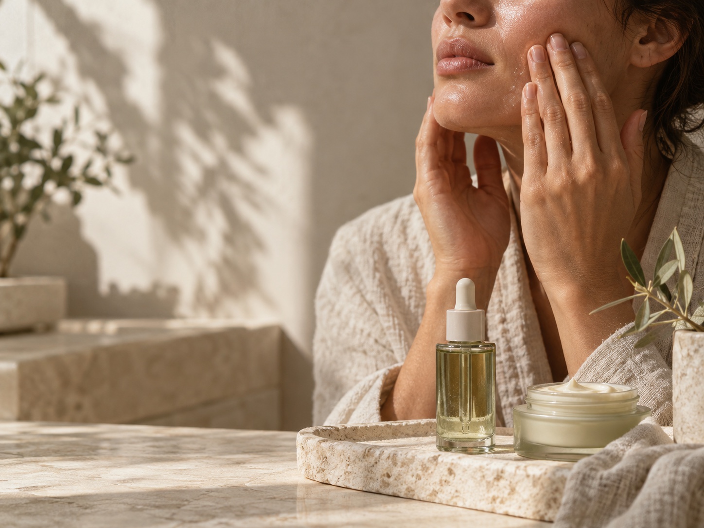 A quiet morning skincare ritual, with serum and cream beside sunlit stone