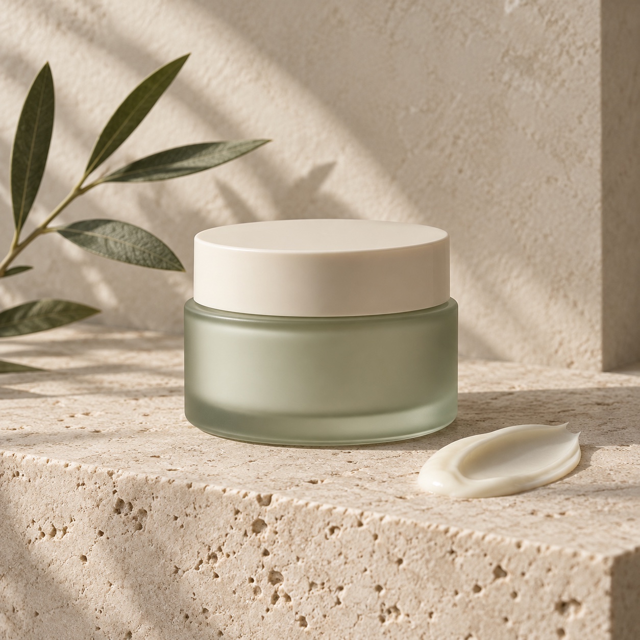 Soft Landing sage cream jar on warm limestone