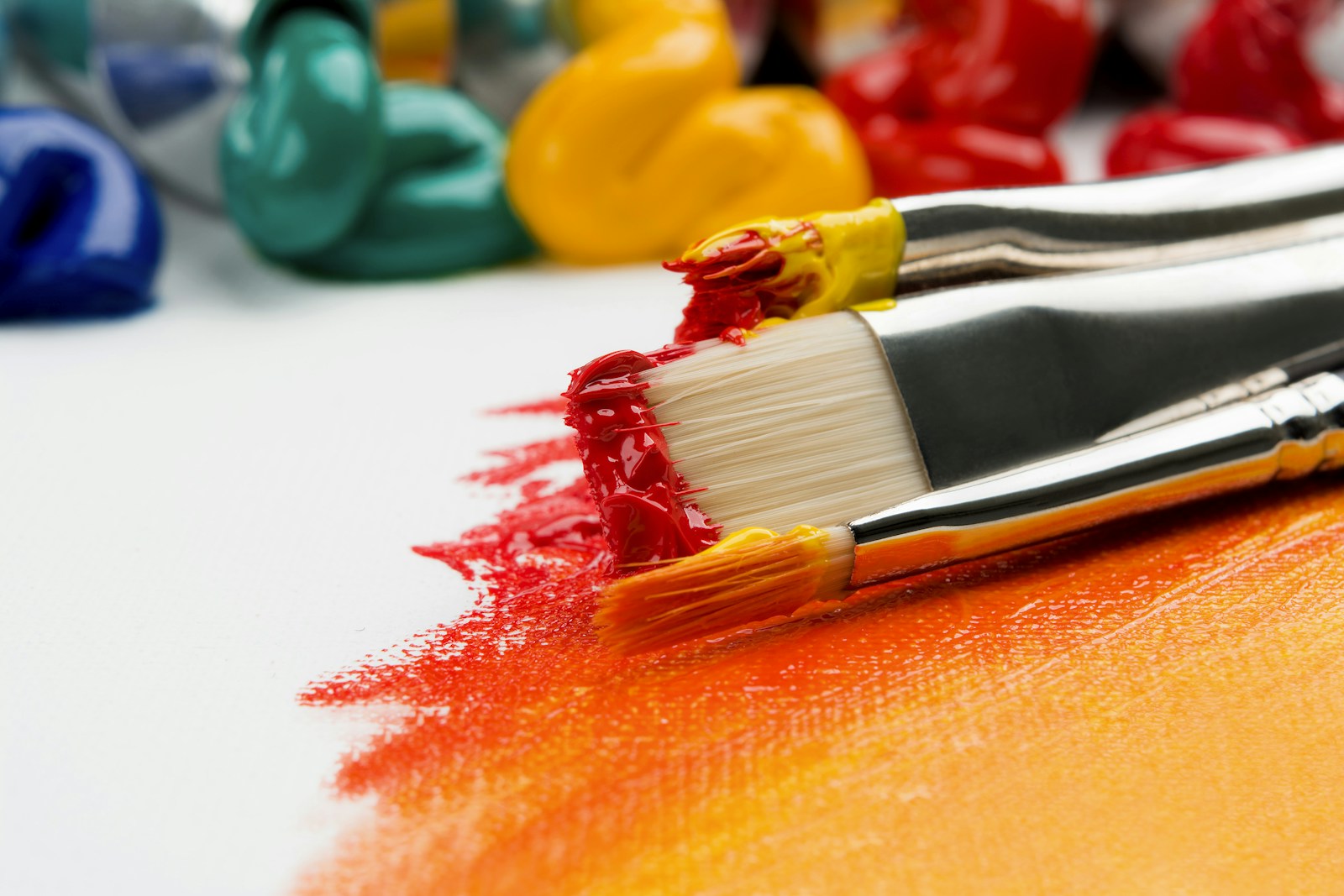 Artist's materials and brushes arranged in a working studio